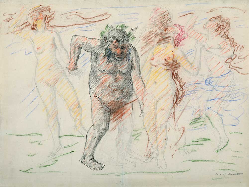 Lovis Corinth: Silen mit Bacchantinnen, 1895, farbige Kreise ber Bleistift, Museum Georg Schfer, Schweinfurt