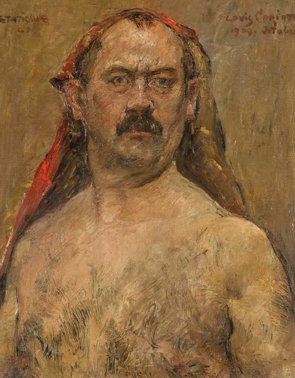 Das Bild ist ein Gemlde von Lovis Corinth. Sie heit: Selbstbildnis als Halb Akt mit rotem Kopftuch.